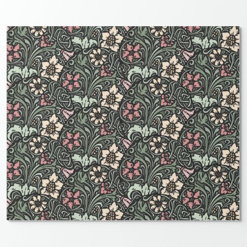 Intricate French Floral Art Nouveau Design Green   Wrapping Paper