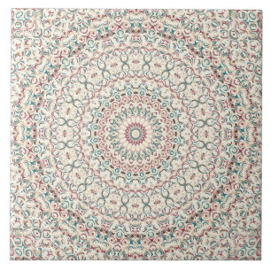 Intricate Geometric Mandala in Teal, Rose, & Sand Ceramic Tile