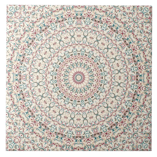 Intricate Geometric Mandala in Teal, Rose, & Sand Ceramic Tile (Front)