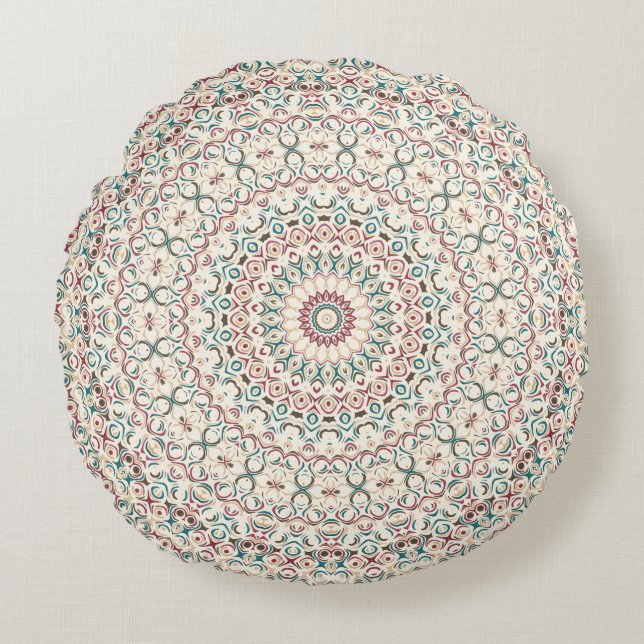 Intricate Geometric Mandala in Teal, Rose, & Sand Round Pillow (Front)