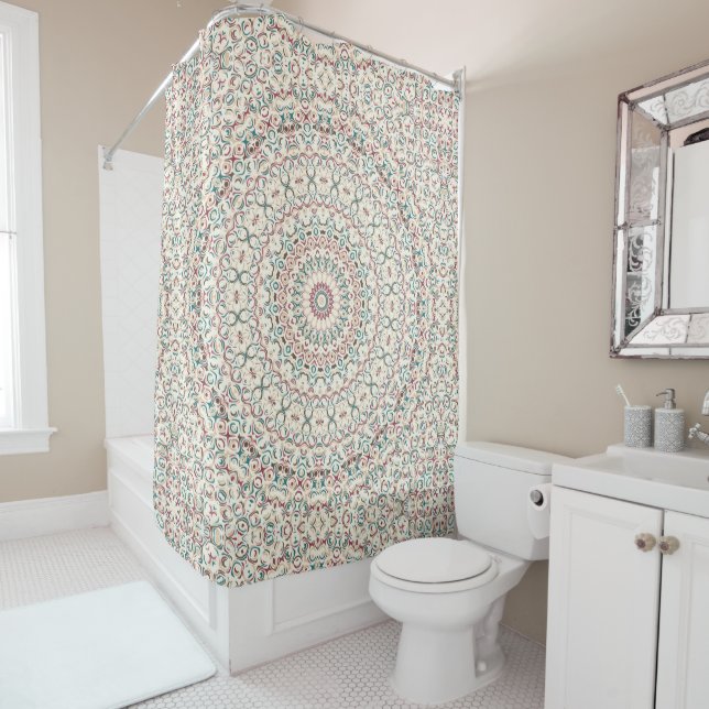 Intricate Geometric Mandala in Teal, Rose, & Sand Shower Curtain (In Situ)
