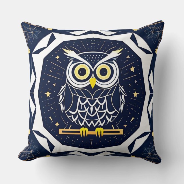 Intricate Geometric Owl Illustration Throw Pillow (Front)