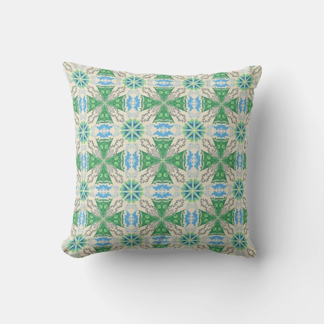 Intricate geometric pattern with green and beige  throw pillow (Front)