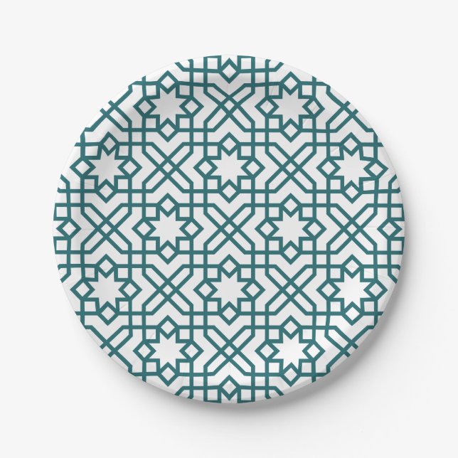 Intricate geometric pattern with teal interconnect paper plates (Front)