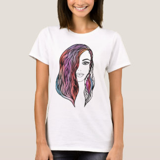 Intricate Girl Portrait Line Art - Detailed Female T-Shirt