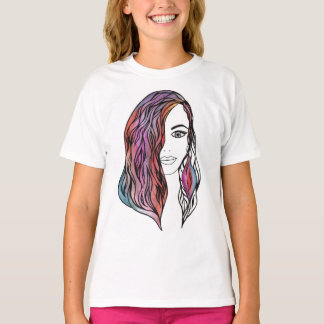 Intricate Girl Portrait Line Art - Detailed Female T-Shirt