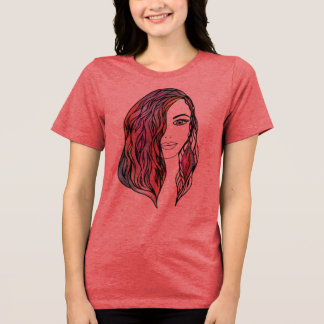 Intricate Girl Portrait Line Art - Detailed Female Tri-Blend Shirt