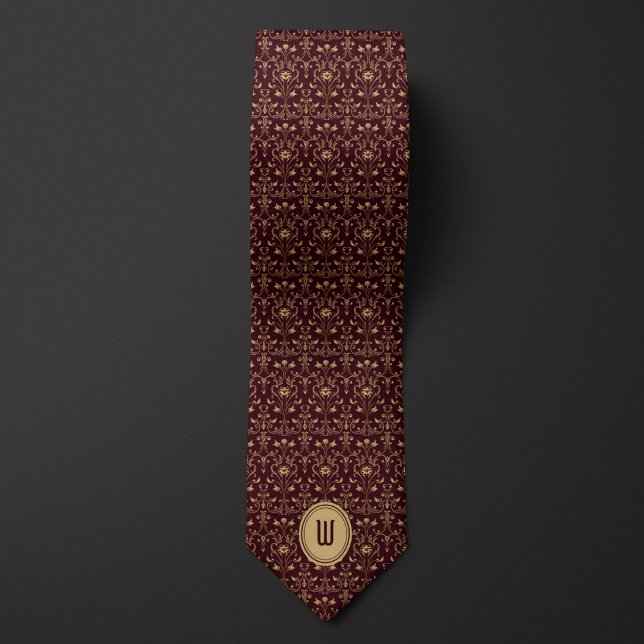 Intricate Gold and Burgundy Floral Monogram  Neck Tie (Creator Uploaded)