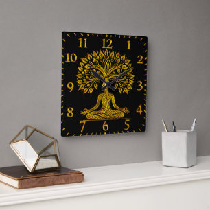 Intricate Gold Buddha Sculpture Square Wall Clock