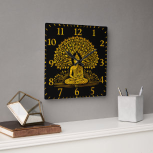 Intricate Gold Buddha Surrounded by Lush Foliage Square Wall Clock