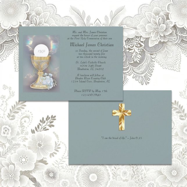 Intricate Gold Chalice with host blue bouquet acce Invitation (Creator Uploaded)