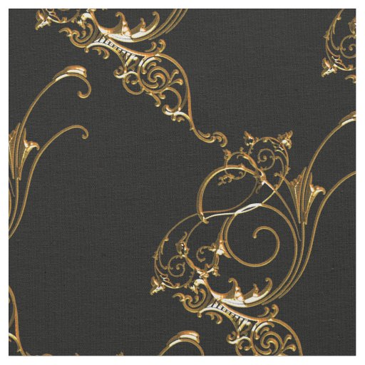 intricate gold metallic fluid flourish on black fabric
