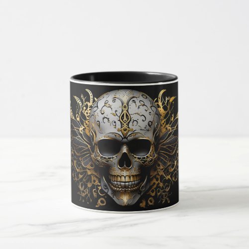  Intricate Gold Smiling Tribal Skull Mug