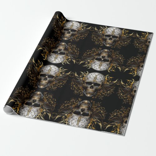  Intricate Gold Smiling Tribal Skull Wrapping Paper