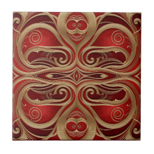 Intricate Gold Swirls on Luxurious Red Canvas Ceramic Tile