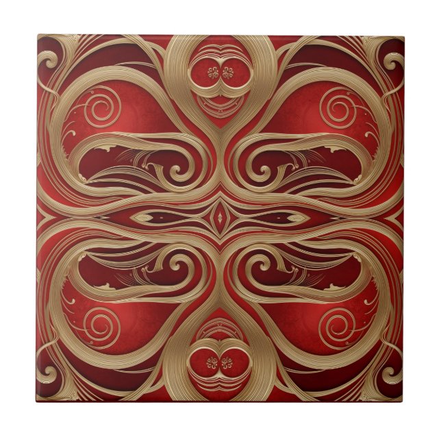 Intricate Gold Swirls on Luxurious Red Canvas Ceramic Tile (Front)