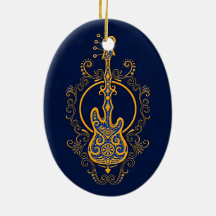 Intricate Golden Blue Bass Guitar Design Ceramic Ornament