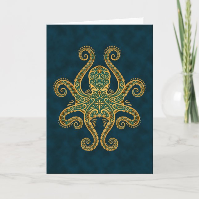 Intricate Golden Blue Octopus Card (Front)