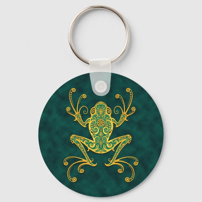Intricate Golden Blue Tree Frog Keychain (Front)