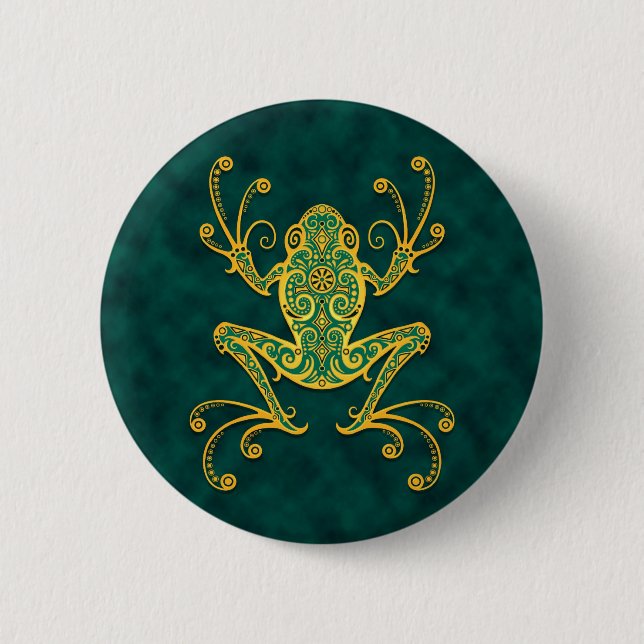 Intricate Golden Blue Tree Frog Pinback Button (Front)