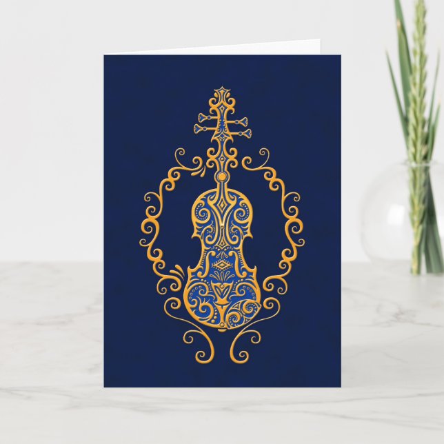 Intricate Golden Blue Violin Design Card (Front)