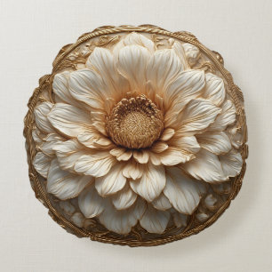 Intricate Golden Embellished Floral Relief Round Pillow