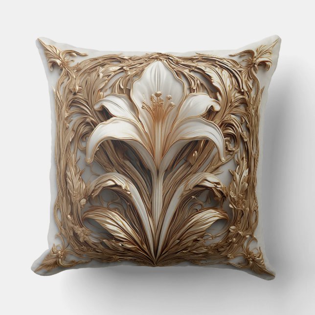 Intricate Golden Embellished Floral Relief Throw Pillow (Front)