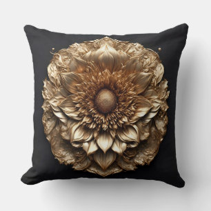 Intricate Golden Embellished Floral Relief Throw Pillow