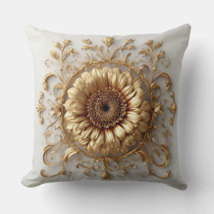 Intricate Golden Embellished Floral Relief Throw Pillow