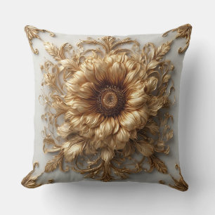 Intricate Golden Embellished Floral Relief Throw Pillow