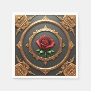 Intricate Golden Frame with Red Rose Napkins