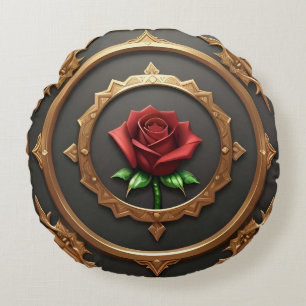 Intricate Golden Frame with Red Rose Round Pillow