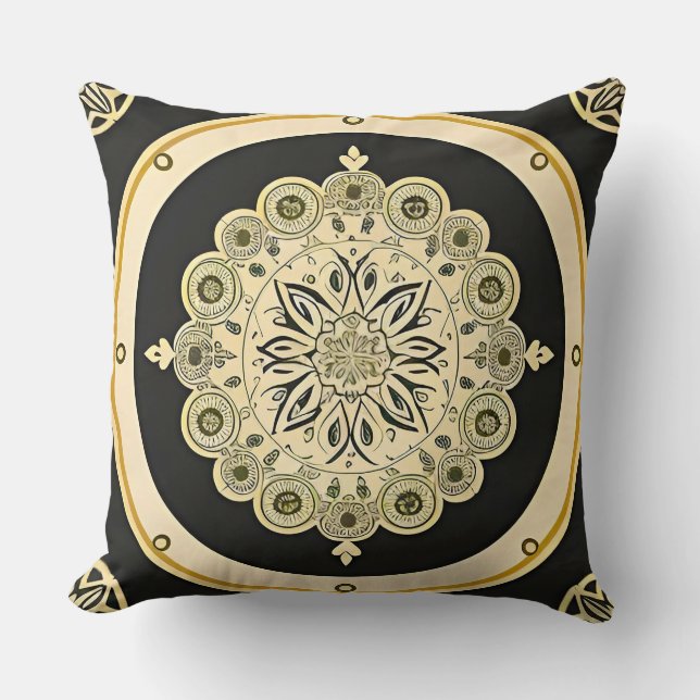 Intricate Golden Mandala Design Throw Pillow (Front)