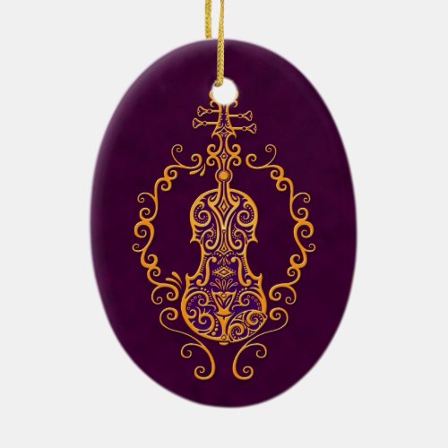 Intricate Golden Purple Violin Design Ceramic Ornament