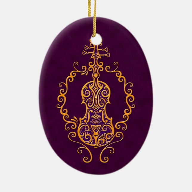 Intricate Golden Purple Violin Design Ceramic Ornament (Back)