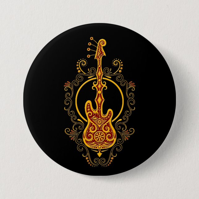 Intricate Golden Red Bass Guitar Design on Black Button (Front)