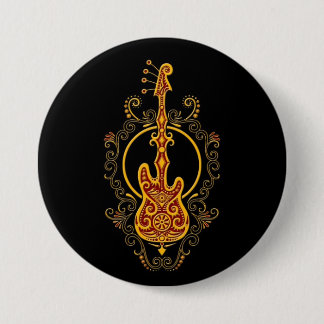 Intricate Golden Red Bass Guitar Design on Black Button