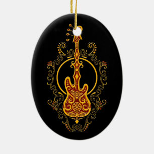 Intricate Golden Red Bass Guitar Design on Black Ceramic Ornament