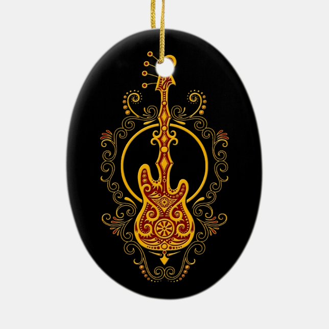 Intricate Golden Red Bass Guitar Design on Black Ceramic Ornament (Back)