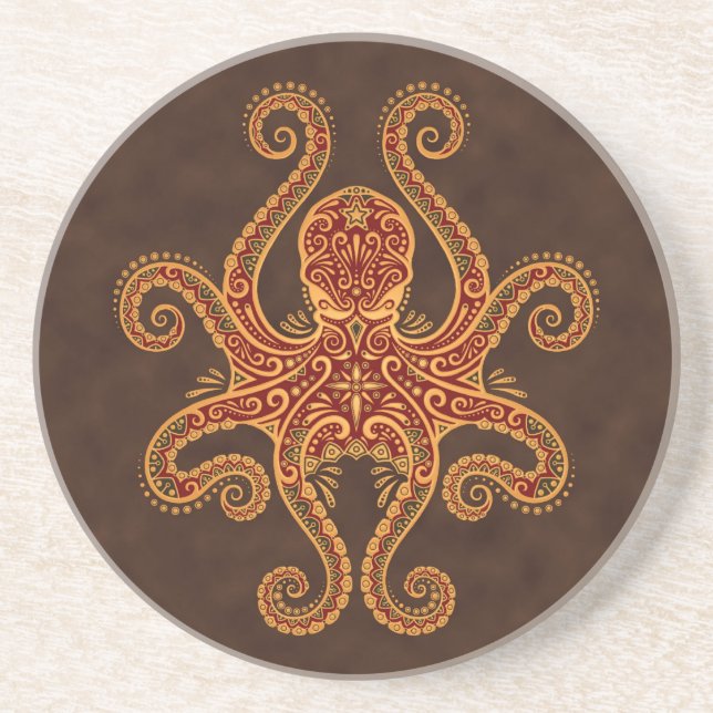 Intricate Golden Red Octopus Coaster (Front)