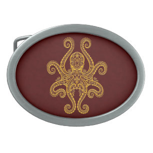 Intricate Golden Red Octopus Oval Belt Buckle