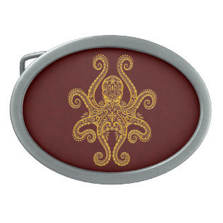Intricate Golden Red Octopus Oval Belt Buckle