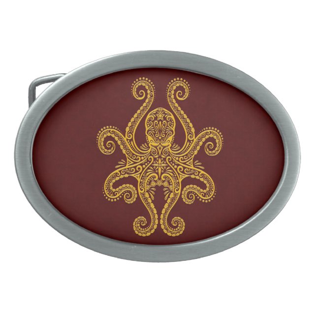Intricate Golden Red Octopus Oval Belt Buckle (Front)