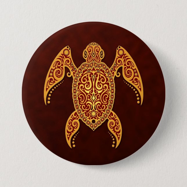 Intricate Golden Red Sea Turtle Pinback Button (Front)