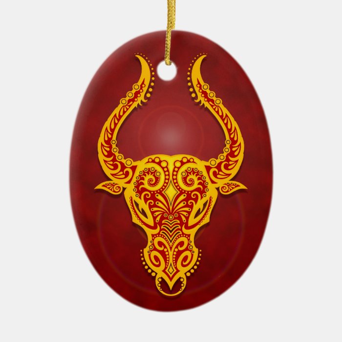 Intricate Golden Red Tribal Taurus Ornament