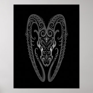 Intricate Gray Aries Zodiac on Black Poster