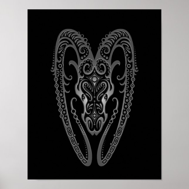 Intricate Gray Aries Zodiac on Black Poster (Front)