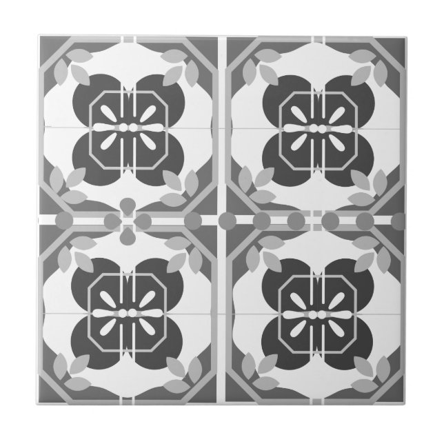 Intricate Gray Azulejos Style Neutral Ceramic Tile (Front)