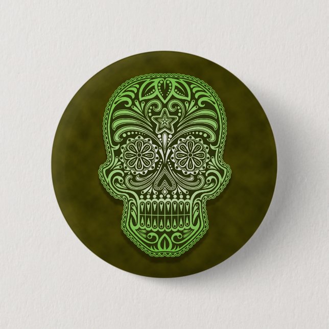 Intricate Green Sugar Skull Button (Front)