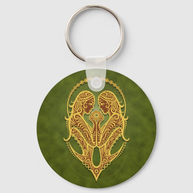 Intricate Green Tribal Gemini Keychain (Front)